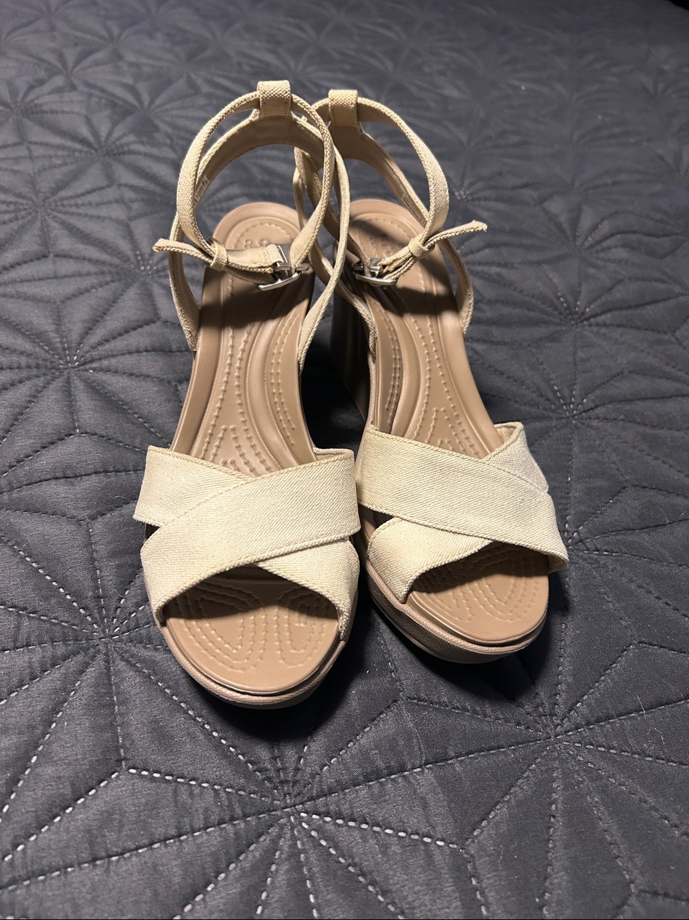 CROCS Tan Canvas Ankle-Strap Wedge Sandals